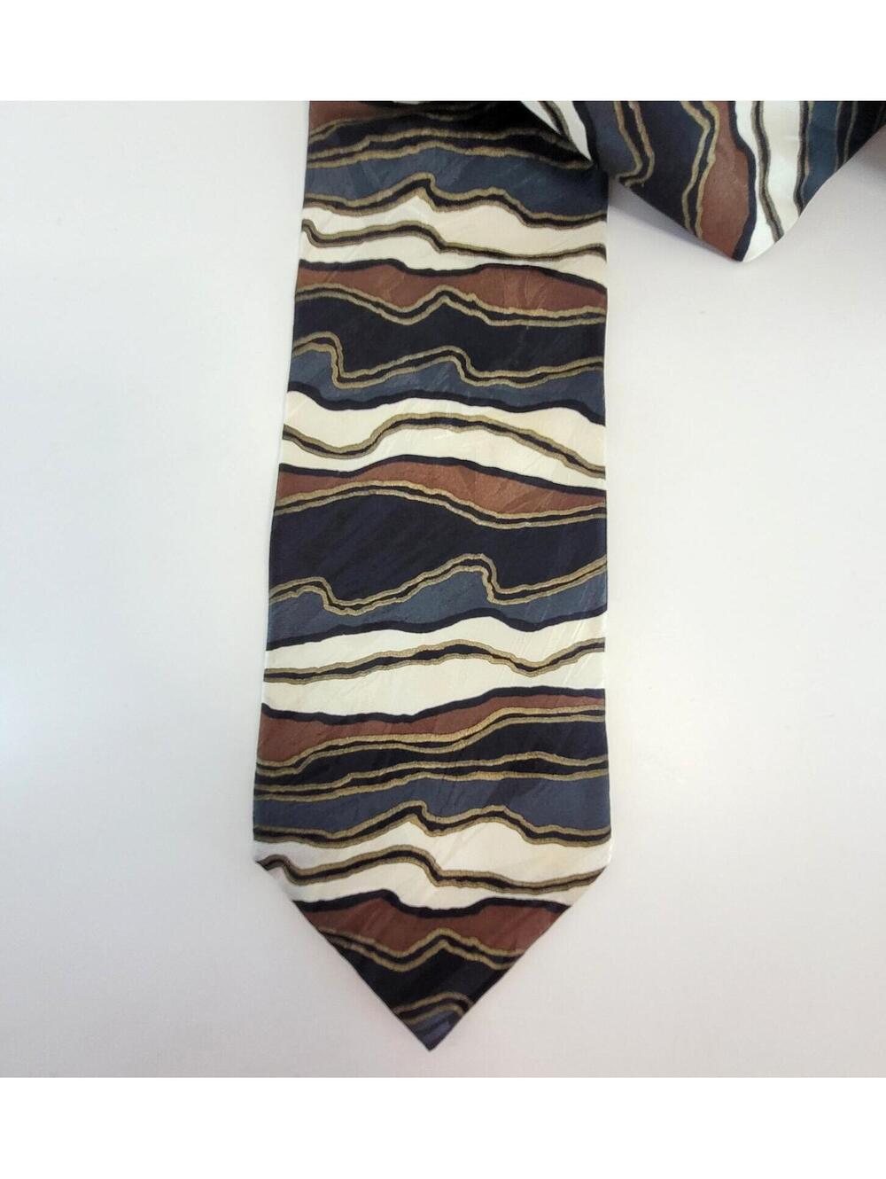 Fratelli Italy Silk Tie Abstract Stripe Blue Brown Cream Wide Neck Tie